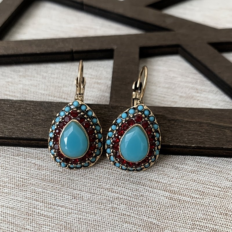 Classic Teardrop Resin Earrings for Women, Vintage Artificial Turquoise Rhinestone Hook Earrings, Gift for Loved Ones and Friends, Birthday Party Gift - Image 4