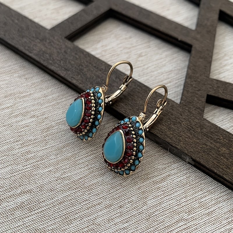 Classic Teardrop Resin Earrings for Women, Vintage Artificial Turquoise Rhinestone Hook Earrings, Gift for Loved Ones and Friends, Birthday Party Gift - Image 10