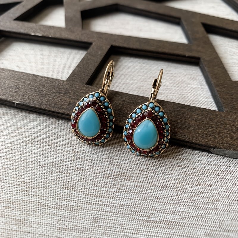 Classic Teardrop Resin Earrings for Women, Vintage Artificial Turquoise Rhinestone Hook Earrings, Gift for Loved Ones and Friends, Birthday Party Gift - Image 8