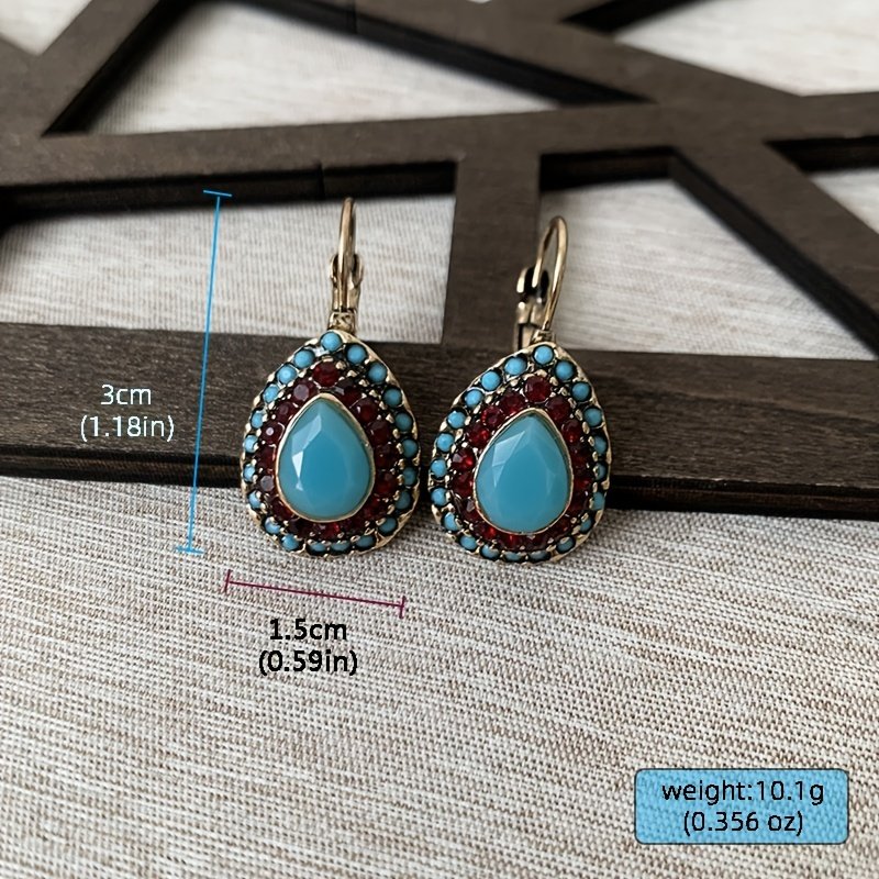 Classic Teardrop Resin Earrings for Women, Vintage Artificial Turquoise Rhinestone Hook Earrings, Gift for Loved Ones and Friends, Birthday Party Gift - Image 6