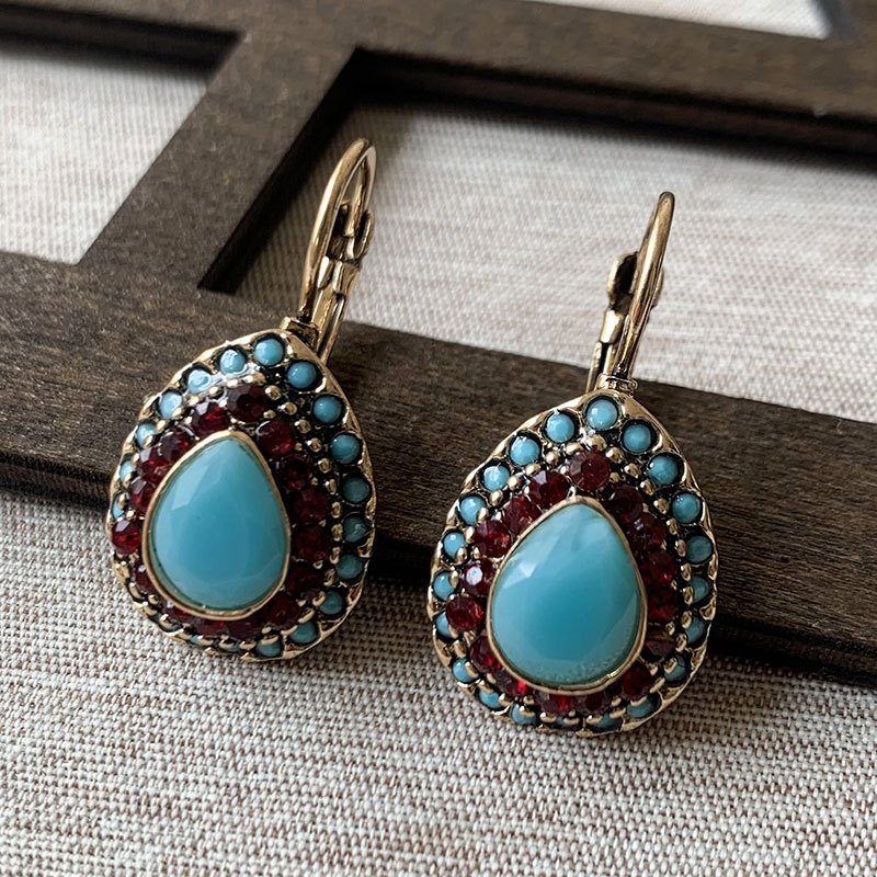 Classic Teardrop Resin Earrings for Women, Vintage Artificial Turquoise Rhinestone Hook Earrings, Gift for Loved Ones and Friends, Birthday Party Gift - Image 3