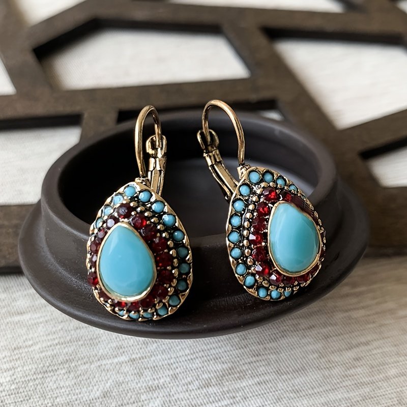 Classic Teardrop Resin Earrings for Women, Vintage Artificial Turquoise Rhinestone Hook Earrings, Gift for Loved Ones and Friends, Birthday Party Gift - Image 9